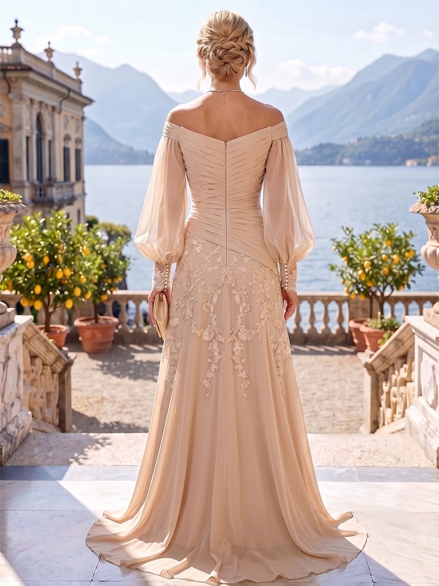 A-Line/Princess Off Shoulder Chiffon Floor-Length Mother of the Bride & Groom Dresses with Lace Appliques & Pleats