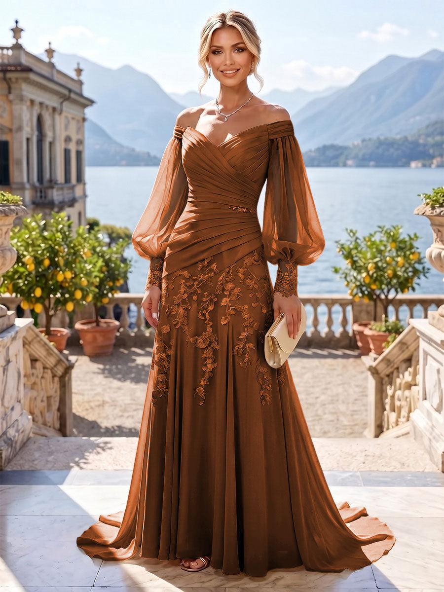 A-Line/Princess Off Shoulder Chiffon Floor-Length Mother of the Bride & Groom Dresses with Lace Appliques & Pleats