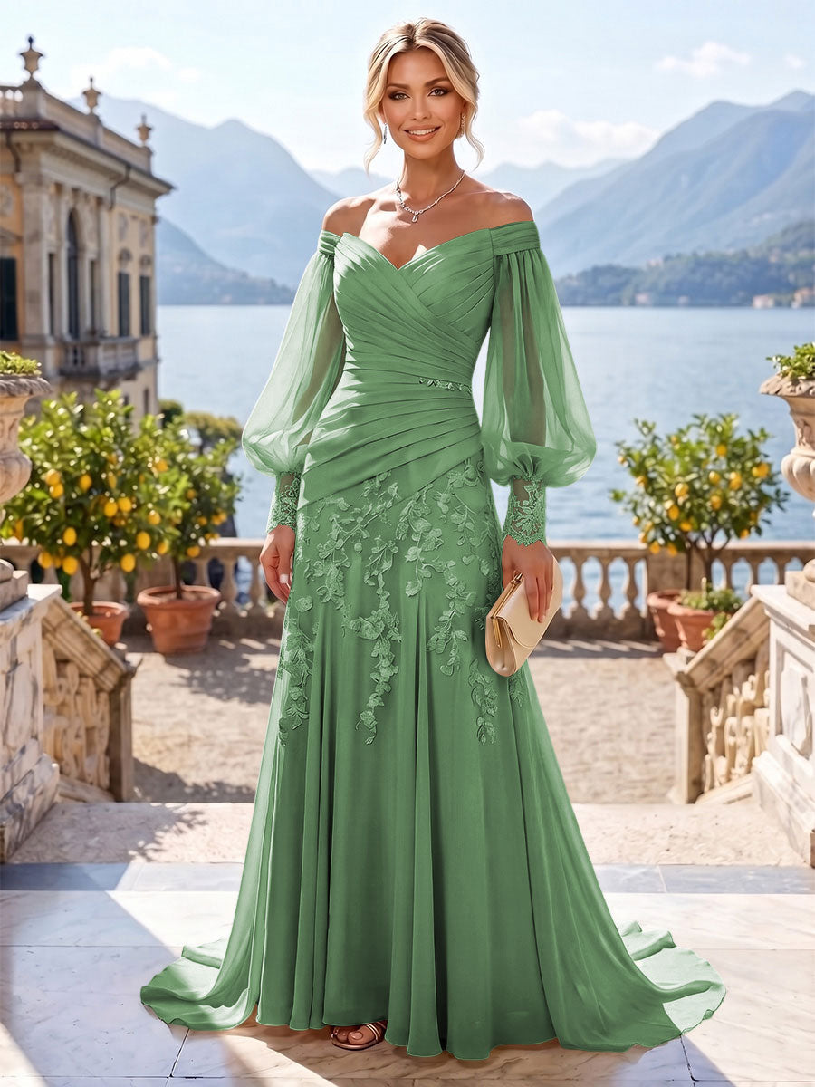 A-Line/Princess Off Shoulder Chiffon Floor-Length Mother of the Bride & Groom Dresses with Lace Appliques & Pleats