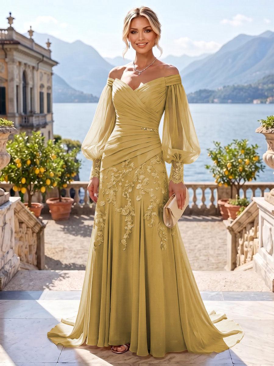 A-Line/Princess Off Shoulder Chiffon Floor-Length Mother of the Bride & Groom Dresses with Lace Appliques & Pleats
