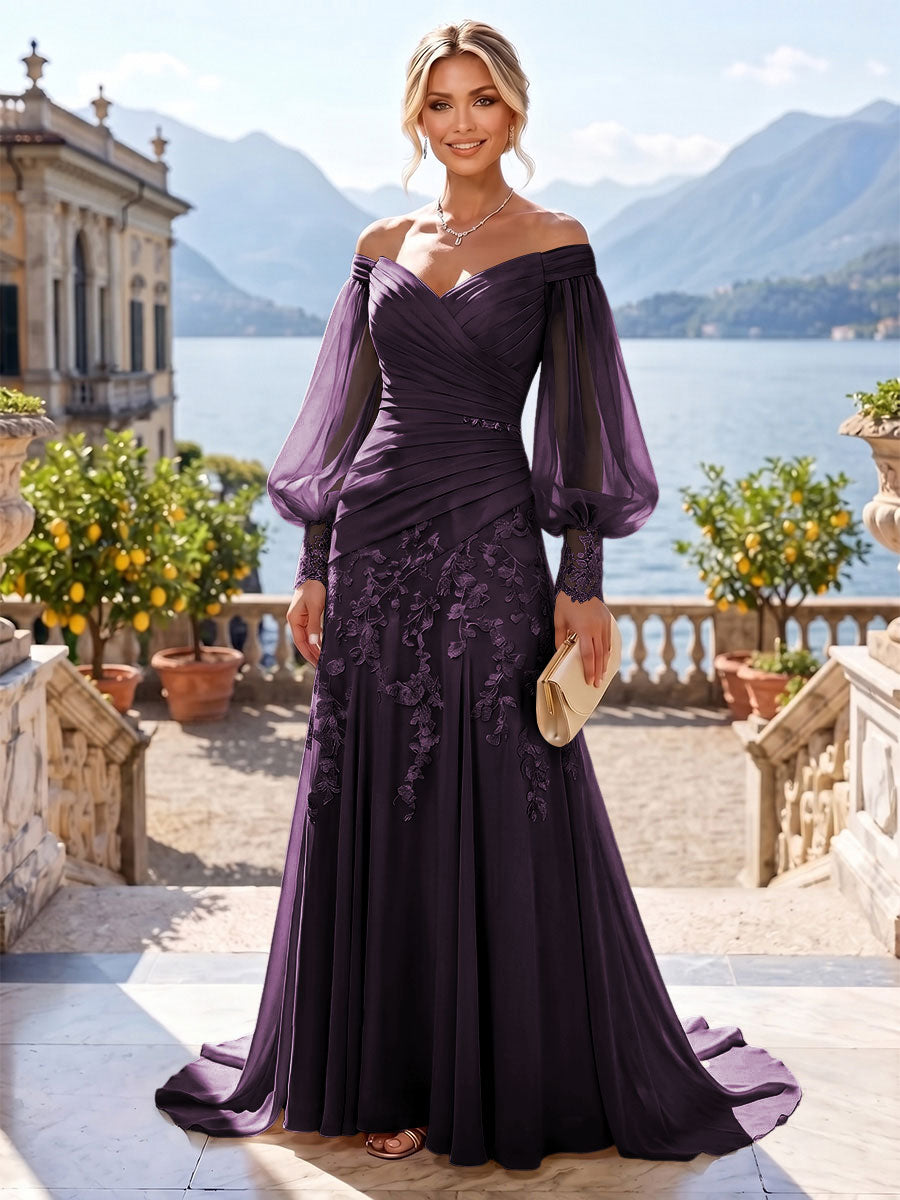 A-Line/Princess Off Shoulder Chiffon Floor-Length Mother of the Bride & Groom Dresses with Lace Appliques & Pleats