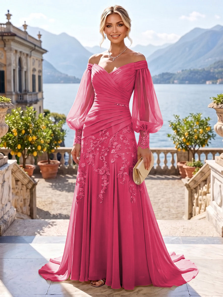 A-Line/Princess Off Shoulder Chiffon Floor-Length Mother of the Bride & Groom Dresses with Lace Appliques & Pleats