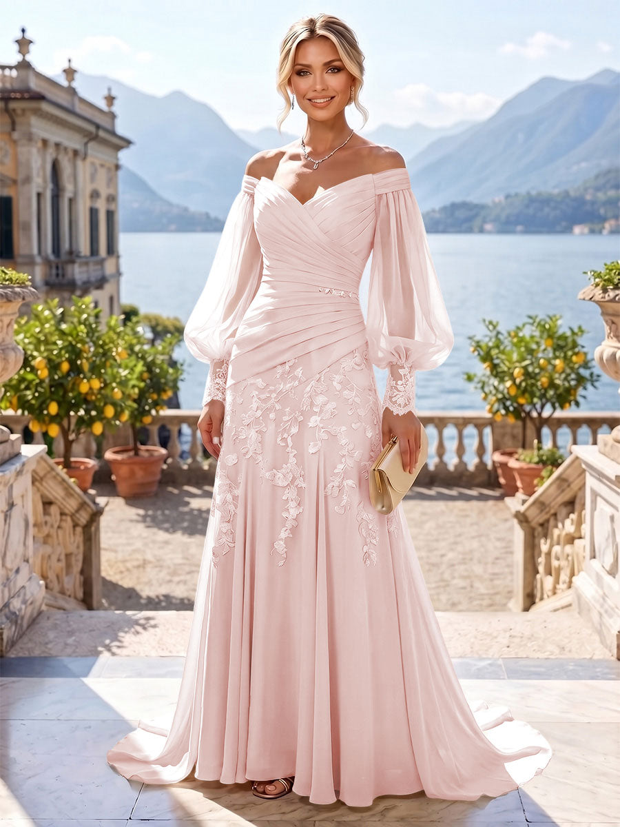 A-Line/Princess Off Shoulder Chiffon Floor-Length Mother of the Bride & Groom Dresses with Lace Appliques & Pleats