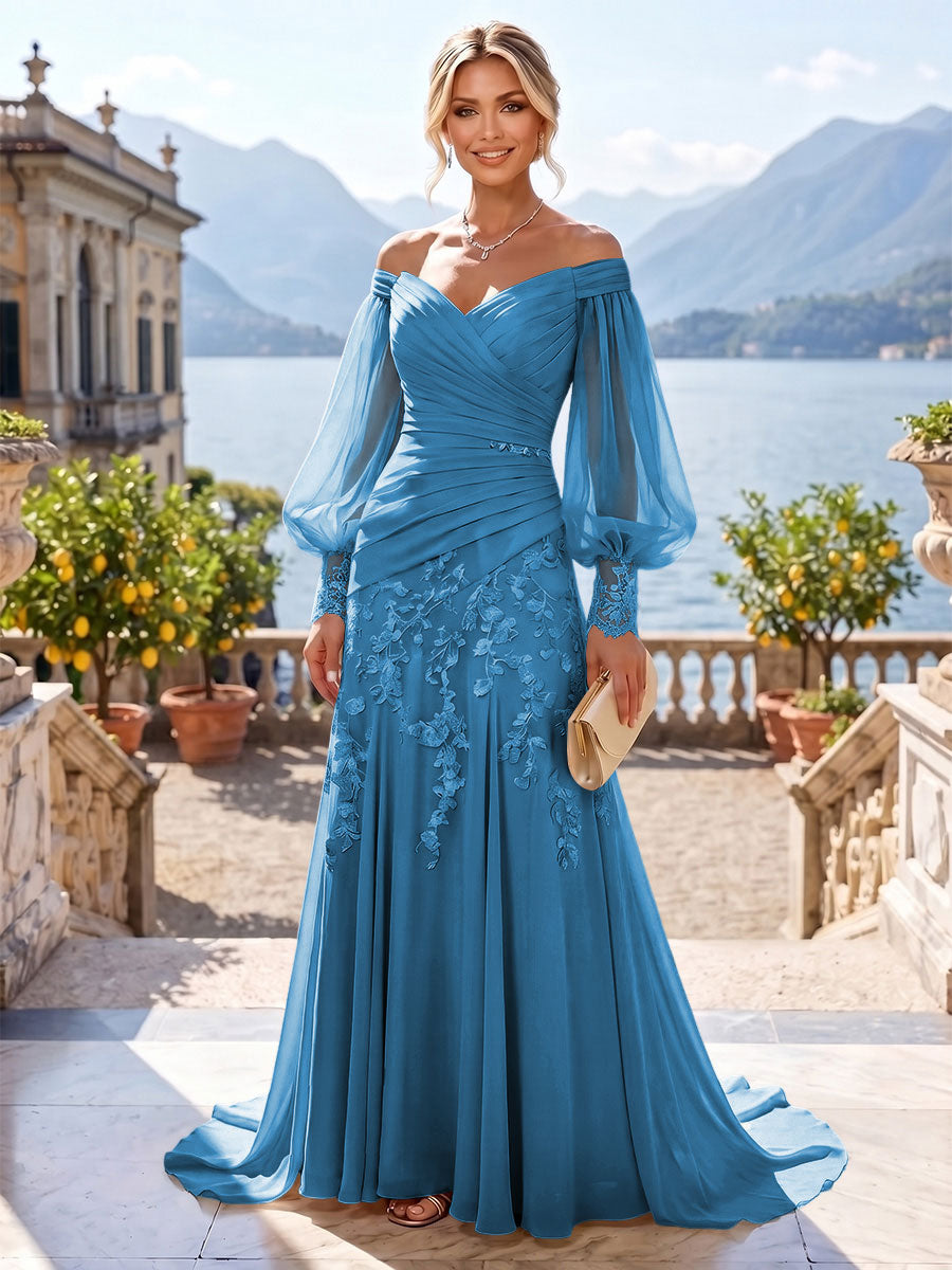 A-Line/Princess Off Shoulder Chiffon Floor-Length Mother of the Bride & Groom Dresses with Lace Appliques & Pleats