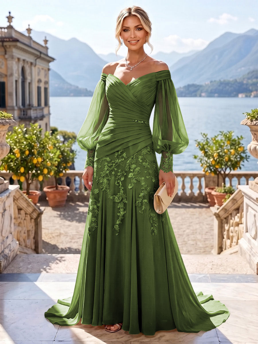 A-Line/Princess Off Shoulder Chiffon Floor-Length Mother of the Bride & Groom Dresses with Lace Appliques & Pleats