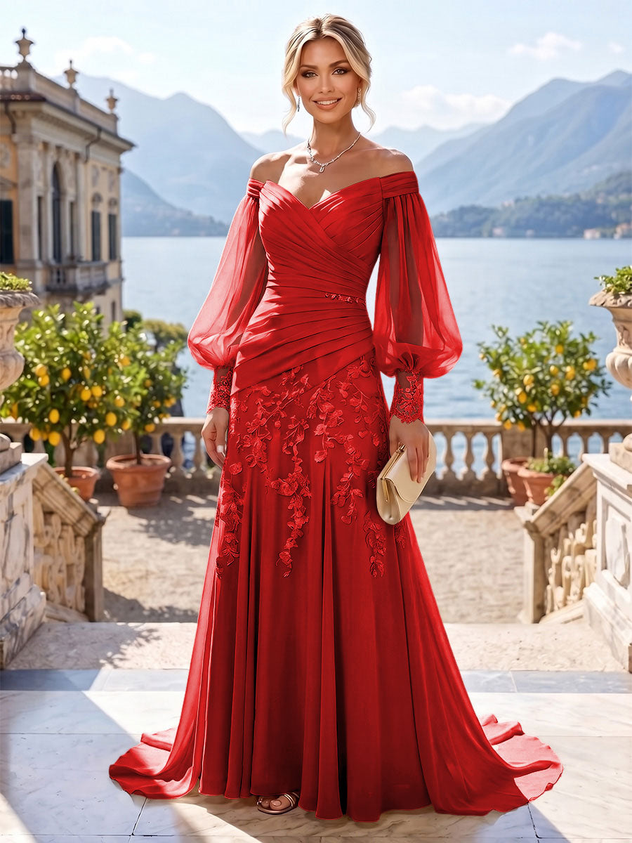 A-Line/Princess Off Shoulder Chiffon Floor-Length Mother of the Bride & Groom Dresses with Lace Appliques & Pleats