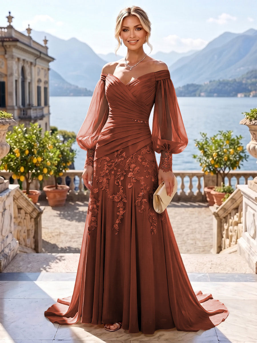 A-Line/Princess Off Shoulder Chiffon Floor-Length Mother of the Bride & Groom Dresses with Lace Appliques & Pleats