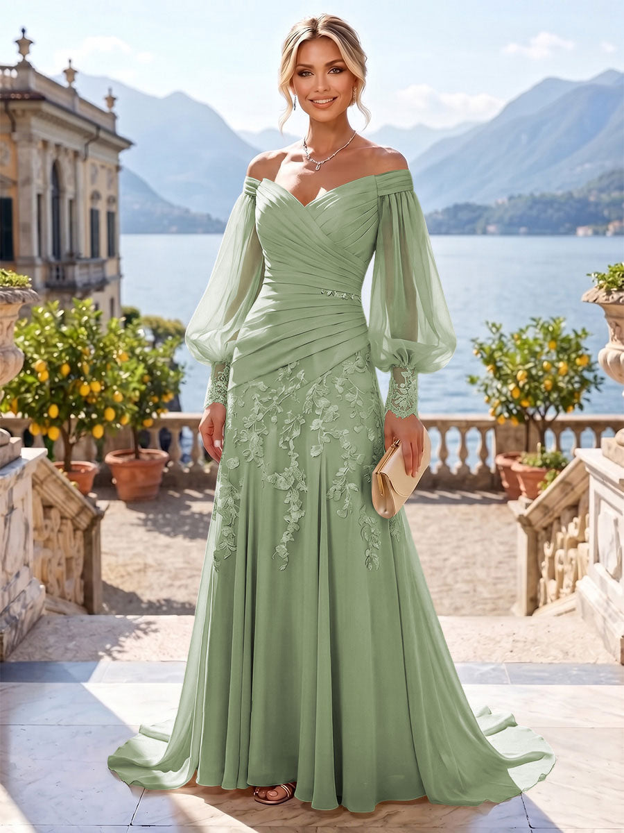 A-Line/Princess Off Shoulder Chiffon Floor-Length Mother of the Bride & Groom Dresses with Lace Appliques & Pleats