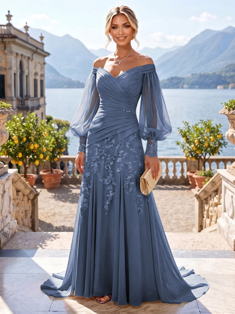 A-Line/Princess Off Shoulder Chiffon Floor-Length Mother of the Bride & Groom Dresses with Lace Appliques & Pleats