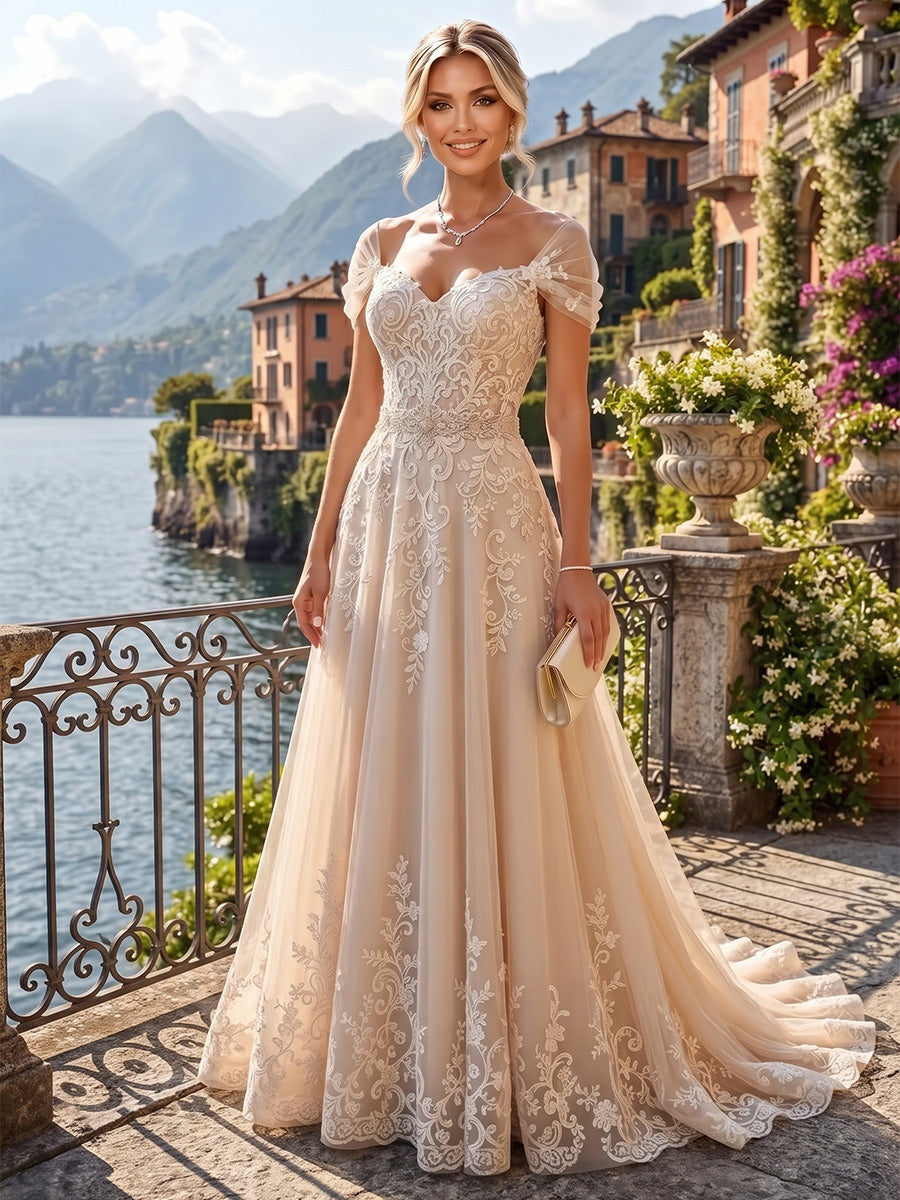 A-Line/Princess Off Shoulder Lace Appliques Floor-Length Mother of the Bride & Groom Dresses with Lace Appliques & Pleats