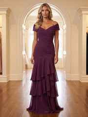 A-Line/Princess Off Shoulder Chiffon Floor-Length Mother of the Bride & Groom Dresses with Tiered Layers & Ruched Waist