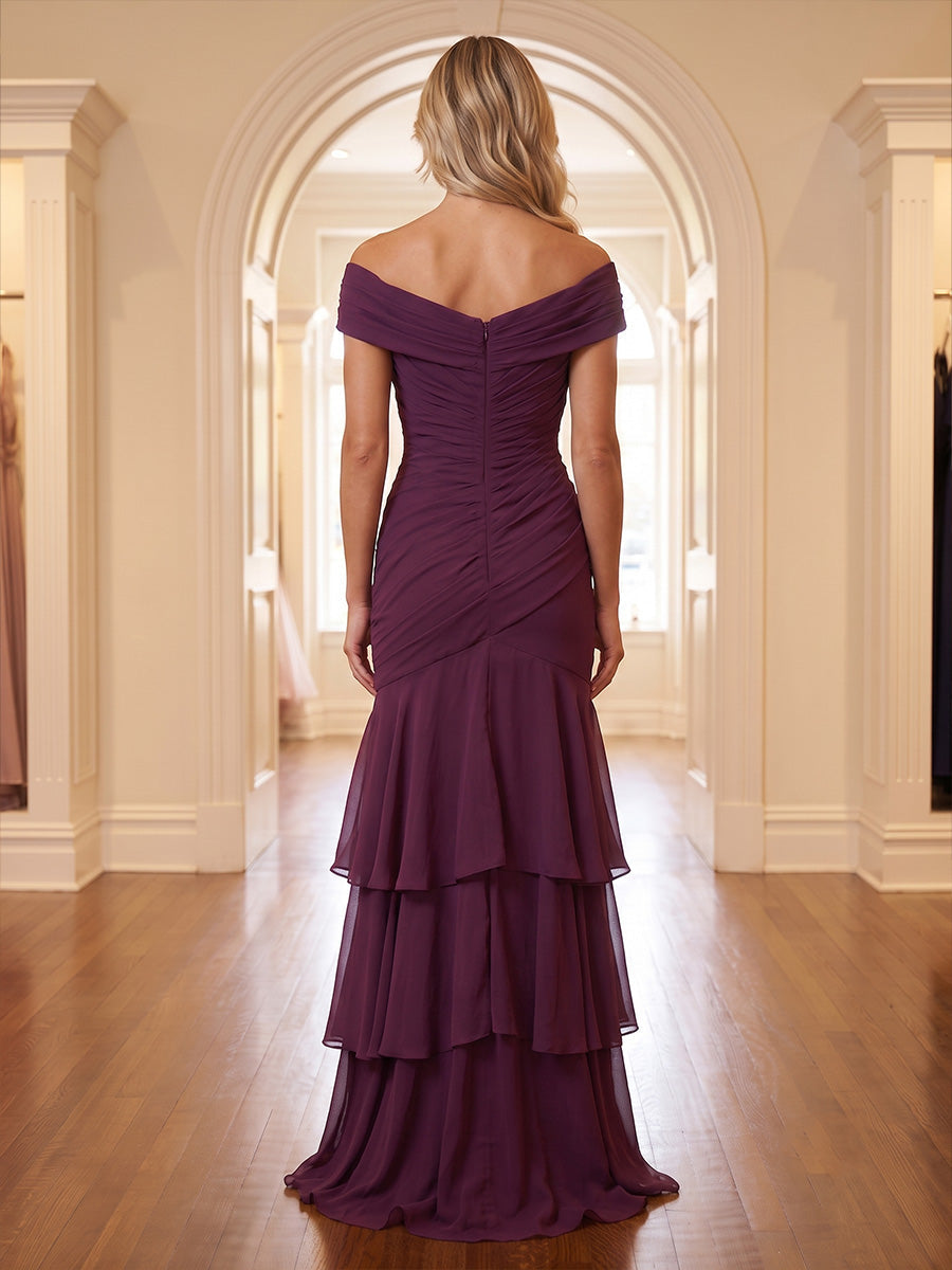 A-Line/Princess Off Shoulder Chiffon Floor-Length Mother of the Bride & Groom Dresses with Tiered Layers & Ruched Waist