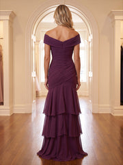 A-Line/Princess Off Shoulder Chiffon Floor-Length Mother of the Bride & Groom Dresses with Tiered Layers & Ruched Waist
