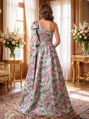 A-Line/Princess One Shoulder Jacquard Floor-Length Mother of the Bride & Groom Dresses with Ruched Waist & Pockets