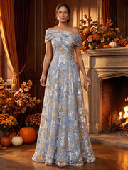 A-Line/Princess Off Shoulder Jacquard Floor-Length Mother of the Bride & Groom Dresses with Pleats