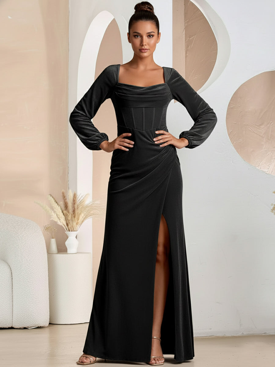 A-Line/Princess Cowl Neck Long Sleeve Floor-Length Formal Dresses with Slit
