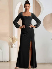 A-Line/Princess Cowl Neck Long Sleeve Floor-Length Formal Dresses with Slit