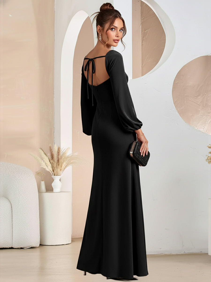 A-Line/Princess Cowl Neck Long Sleeve Floor-Length Formal Dresses with Slit