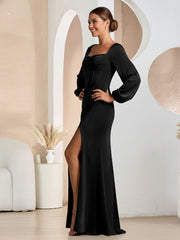 A-Line/Princess Cowl Neck Long Sleeve Floor-Length Formal Dresses with Slit