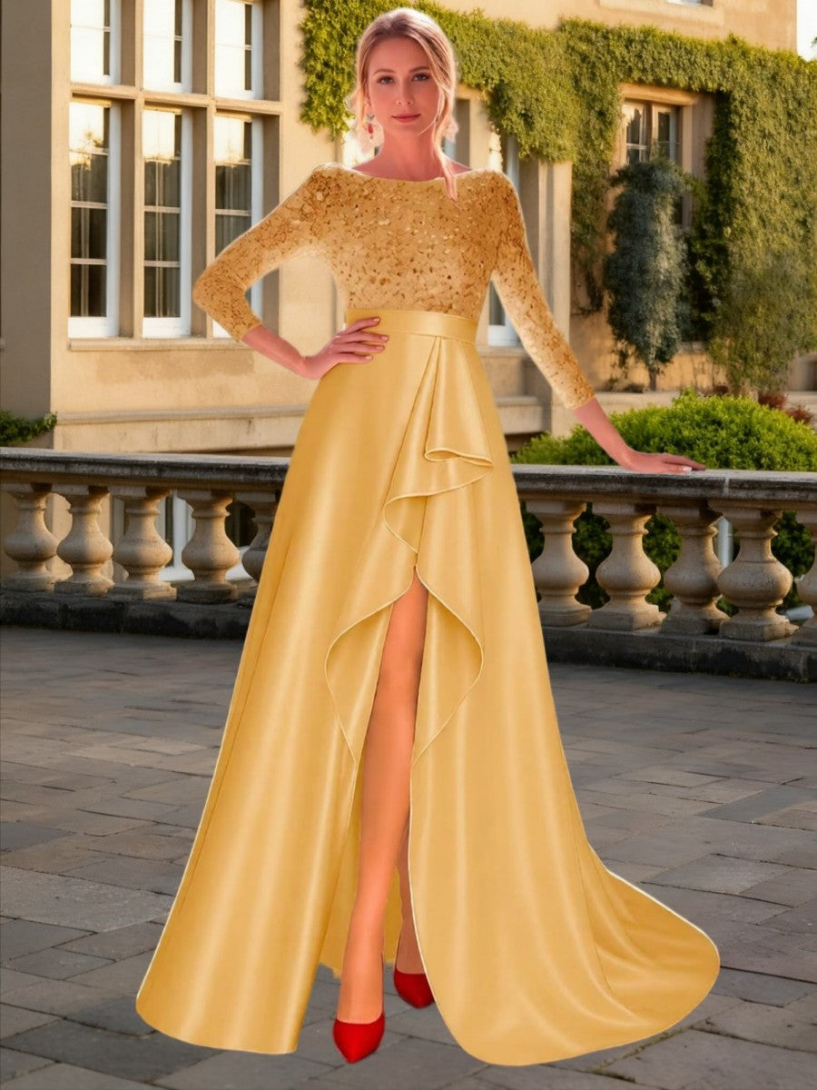 A-Line/Princess Long Sleeve Sparkly Sequin Floor-Length Formal Dresses with Ruffle