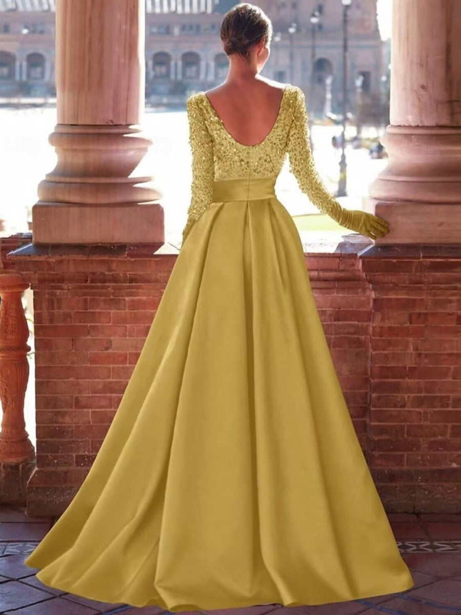 A-Line/Princess Long Sleeve Sparkly Sequin Floor-Length Formal Dresses with Ruffle