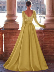A-Line/Princess Long Sleeve Sparkly Sequin Floor-Length Formal Dresses with Ruffle