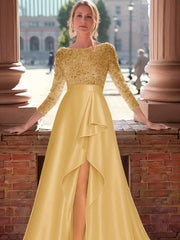A-Line/Princess Long Sleeve Sparkly Sequin Floor-Length Formal Dresses with Ruffle