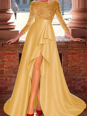 A-Line/Princess Long Sleeve Sparkly Sequin Floor-Length Formal Dresses with Ruffle