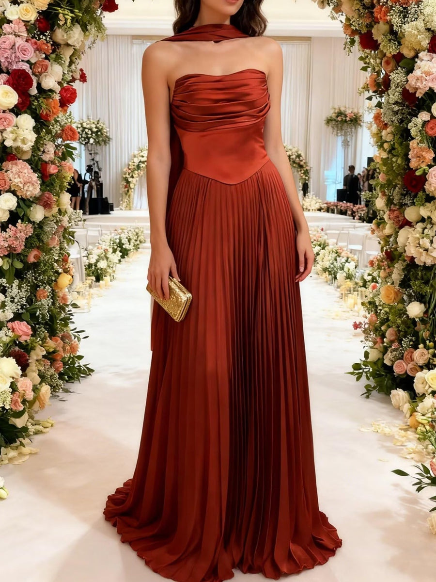 A-Line/Princess Cowl Neck Satin Ruched Floor-Length Formal Dresses with Scarf