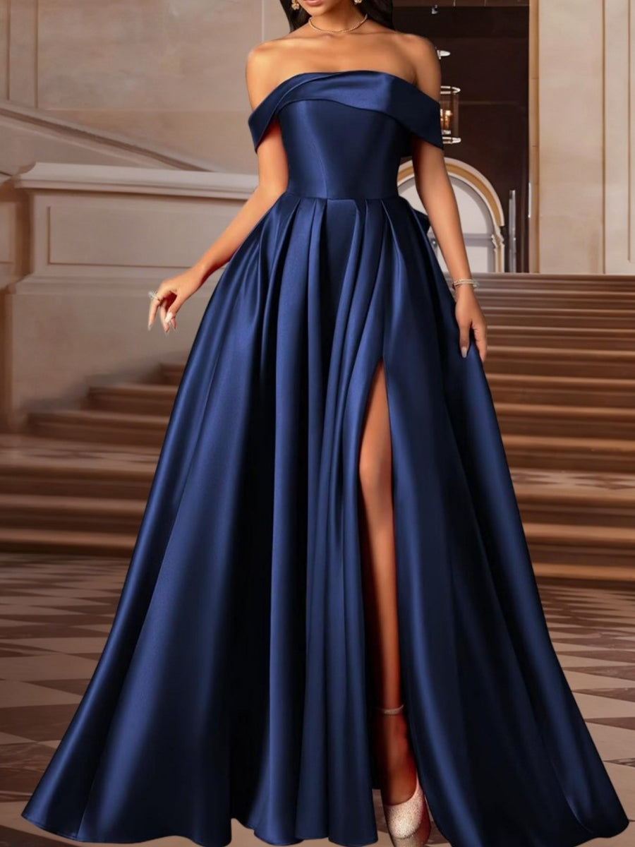 A-Line/Princess Off Shoulder Empire Waist Floor-Length Formal Dresses with Bow
