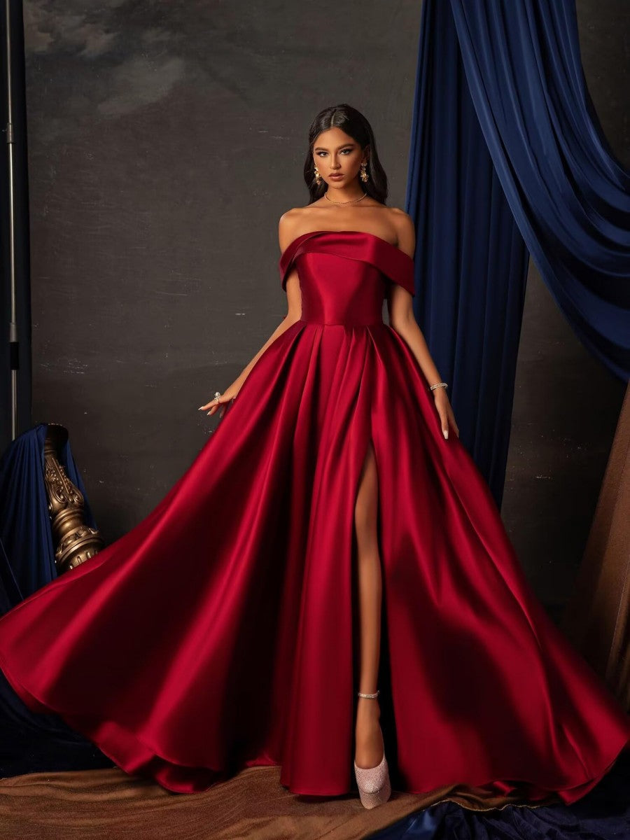 A-Line/Princess Off Shoulder Empire Waist Floor-Length Formal Dresses with Bow
