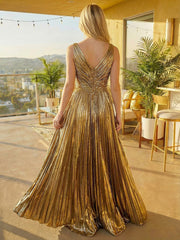 A Line/Princess V Neck Pleated Metallic Floor-Length Formal Evening Dresses
