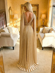 A Line Deep V Neck Asymmetrical Sequined Formal Evening Dresses with Pleats