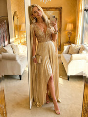 A Line Deep V Neck Asymmetrical Sequined Formal Evening Dresses with Pleats