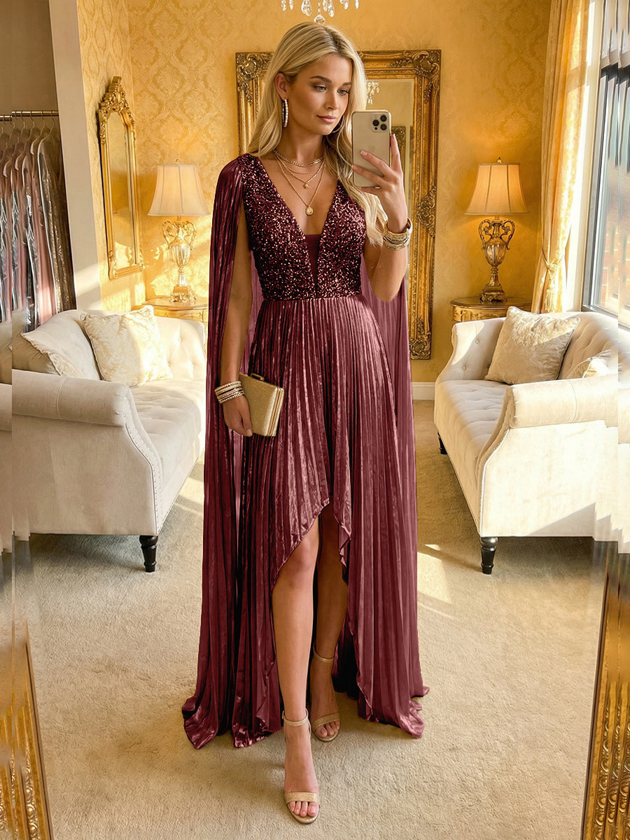 A Line Deep V Neck Asymmetrical Sequined Formal Evening Dresses with Pleats