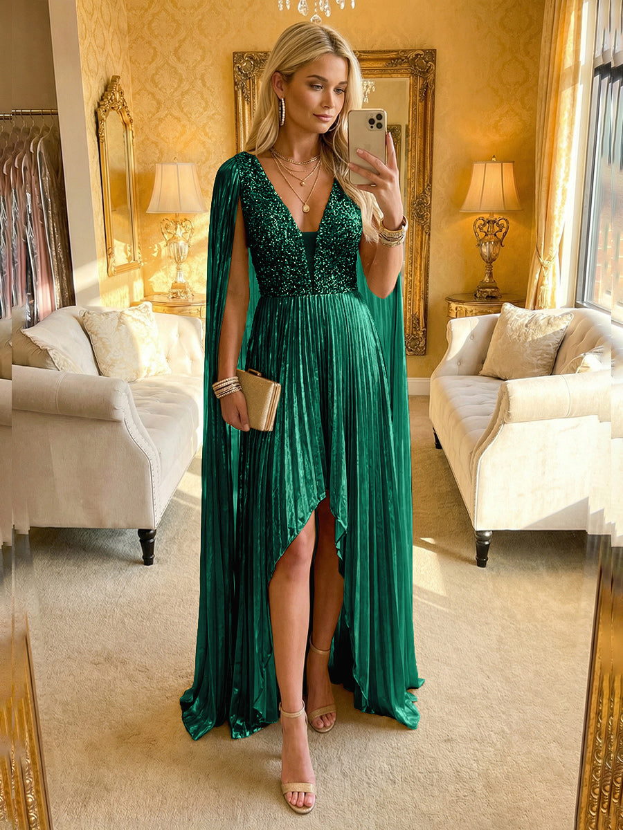 A Line Deep V Neck Asymmetrical Sequined Formal Evening Dresses with Pleats