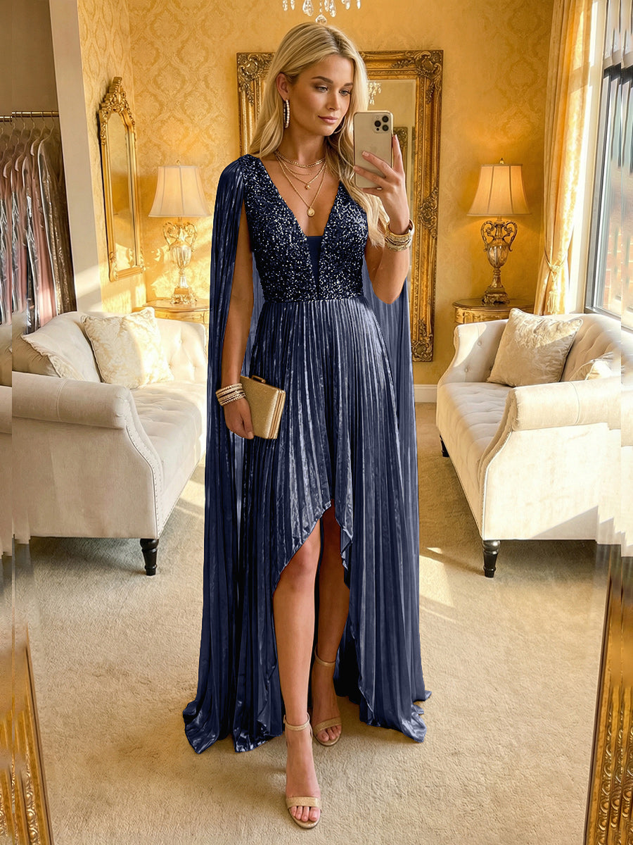 A Line Deep V Neck Asymmetrical Sequined Formal Evening Dresses with Pleats