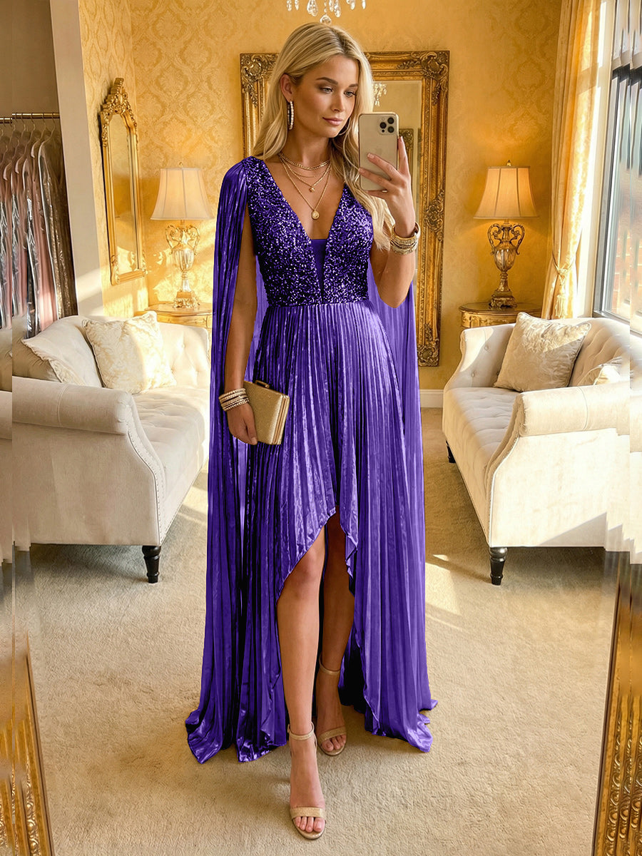 A Line Deep V Neck Asymmetrical Sequined Formal Evening Dresses with Pleats