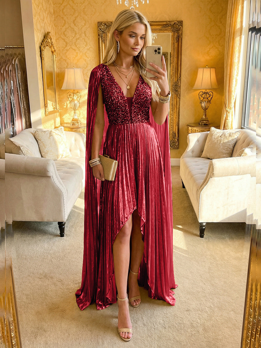A Line Deep V Neck Asymmetrical Sequined Formal Evening Dresses with Pleats