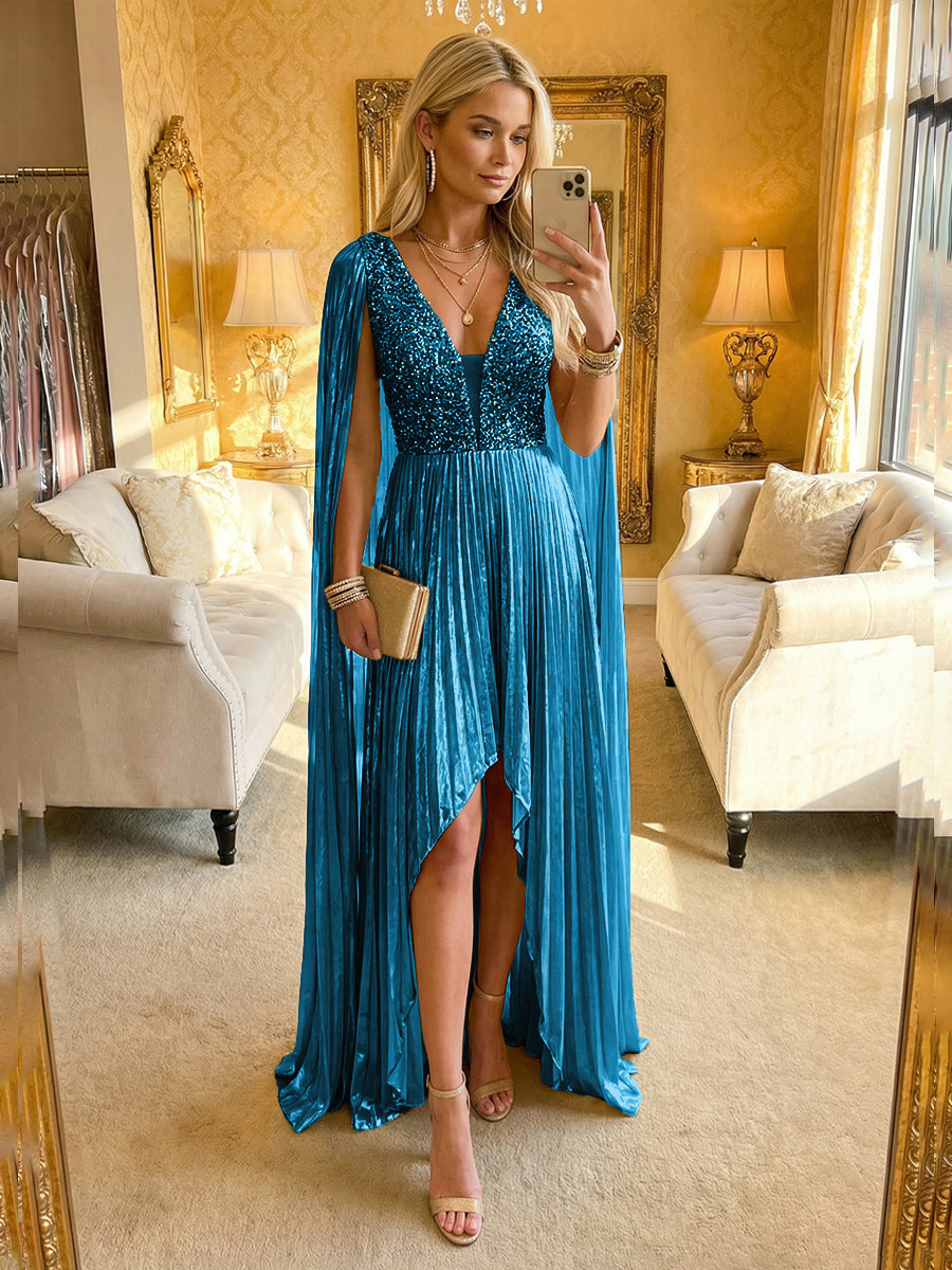 A Line Deep V Neck Asymmetrical Sequined Formal Evening Dresses with Pleats
