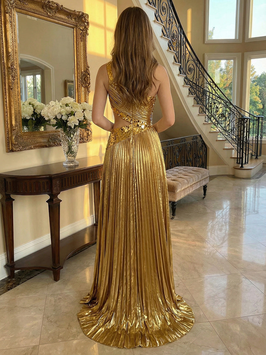 A Line/Princess One Shoulder Acrylic Long Pleated Formal Evening Dresses with Cut Out
