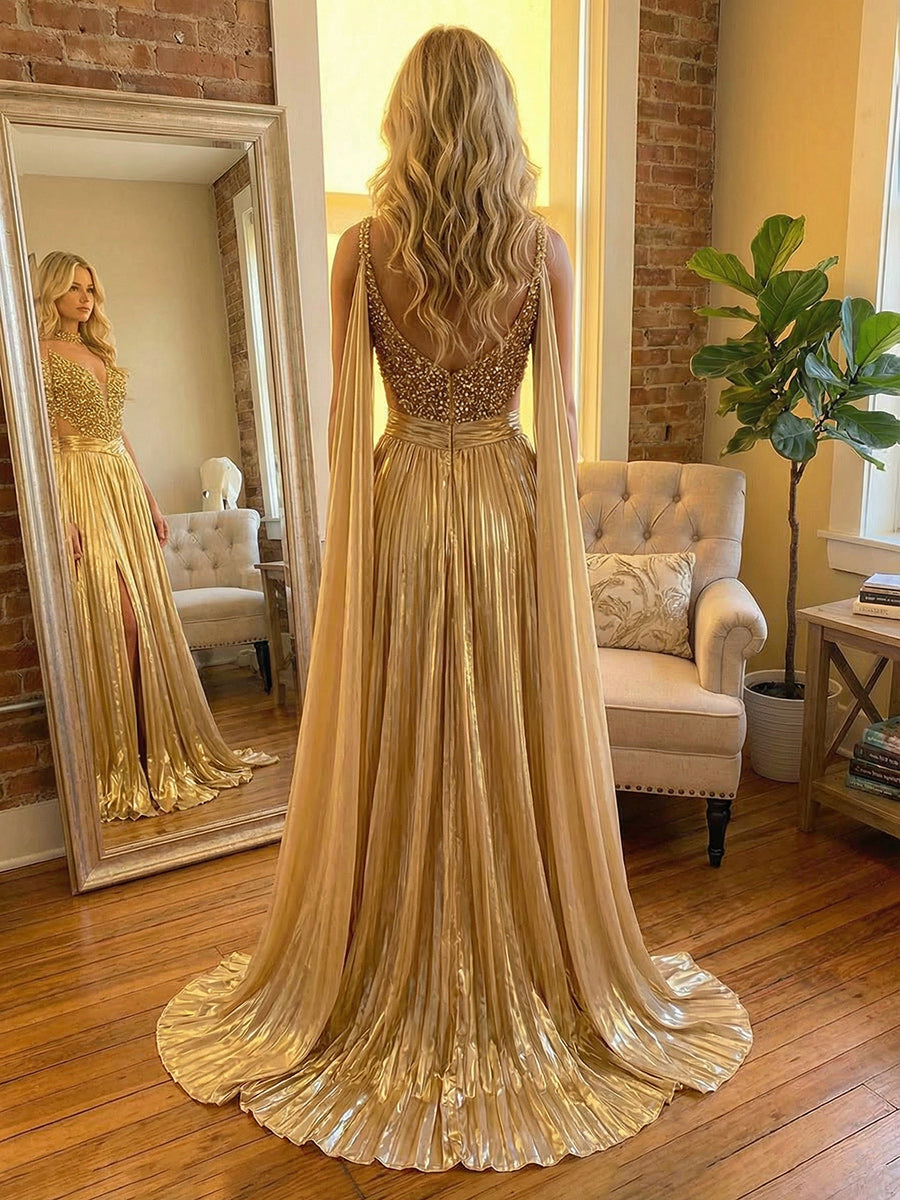 A Line Spaghetti Straps Metallic Long Mixed Formal Evening Dresses with Split Side