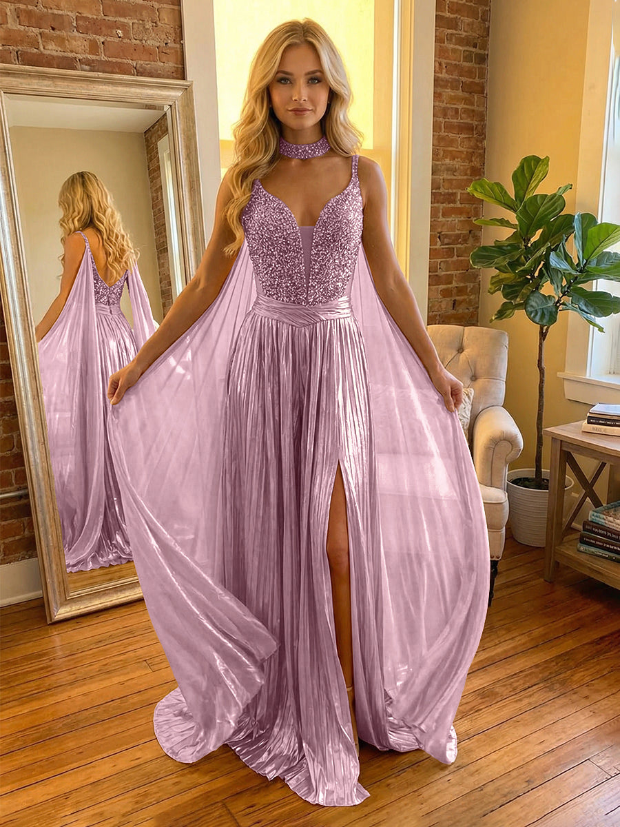 A Line Spaghetti Straps Metallic Long Mixed Formal Evening Dresses with Split Side