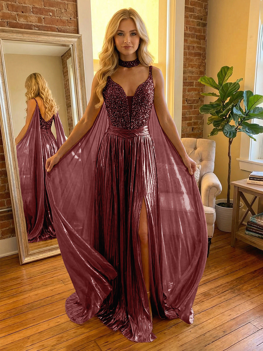 A Line Spaghetti Straps Metallic Long Mixed Formal Evening Dresses with Split Side
