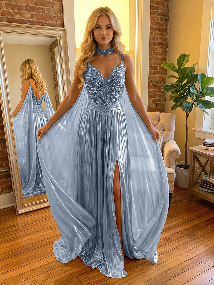 A Line Spaghetti Straps Metallic Long Mixed Formal Evening Dresses with Split Side