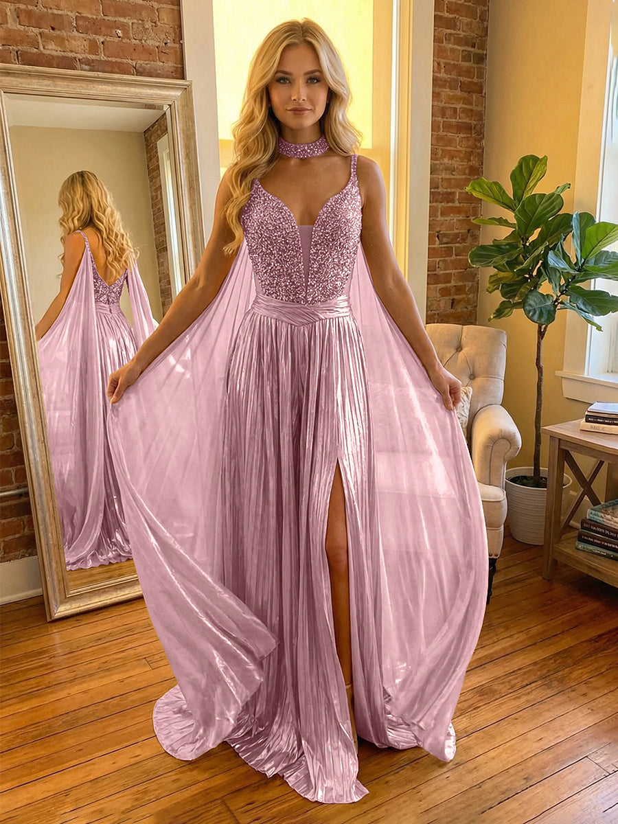 A Line Spaghetti Straps Metallic Long Mixed Formal Evening Dresses with Split Side