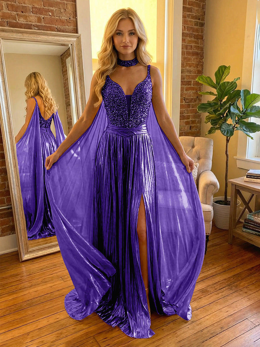 A Line Spaghetti Straps Metallic Long Mixed Formal Evening Dresses with Split Side