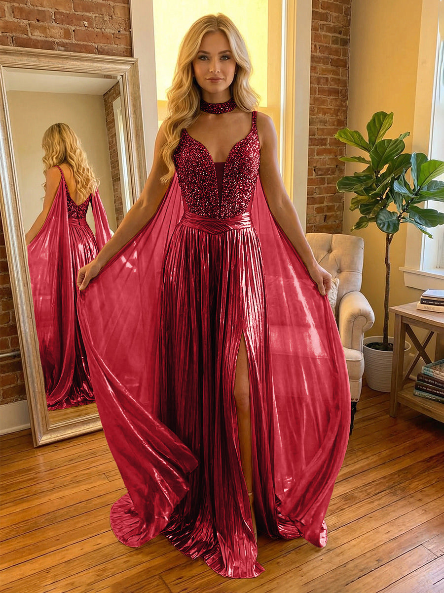 A Line Spaghetti Straps Metallic Long Mixed Formal Evening Dresses with Split Side