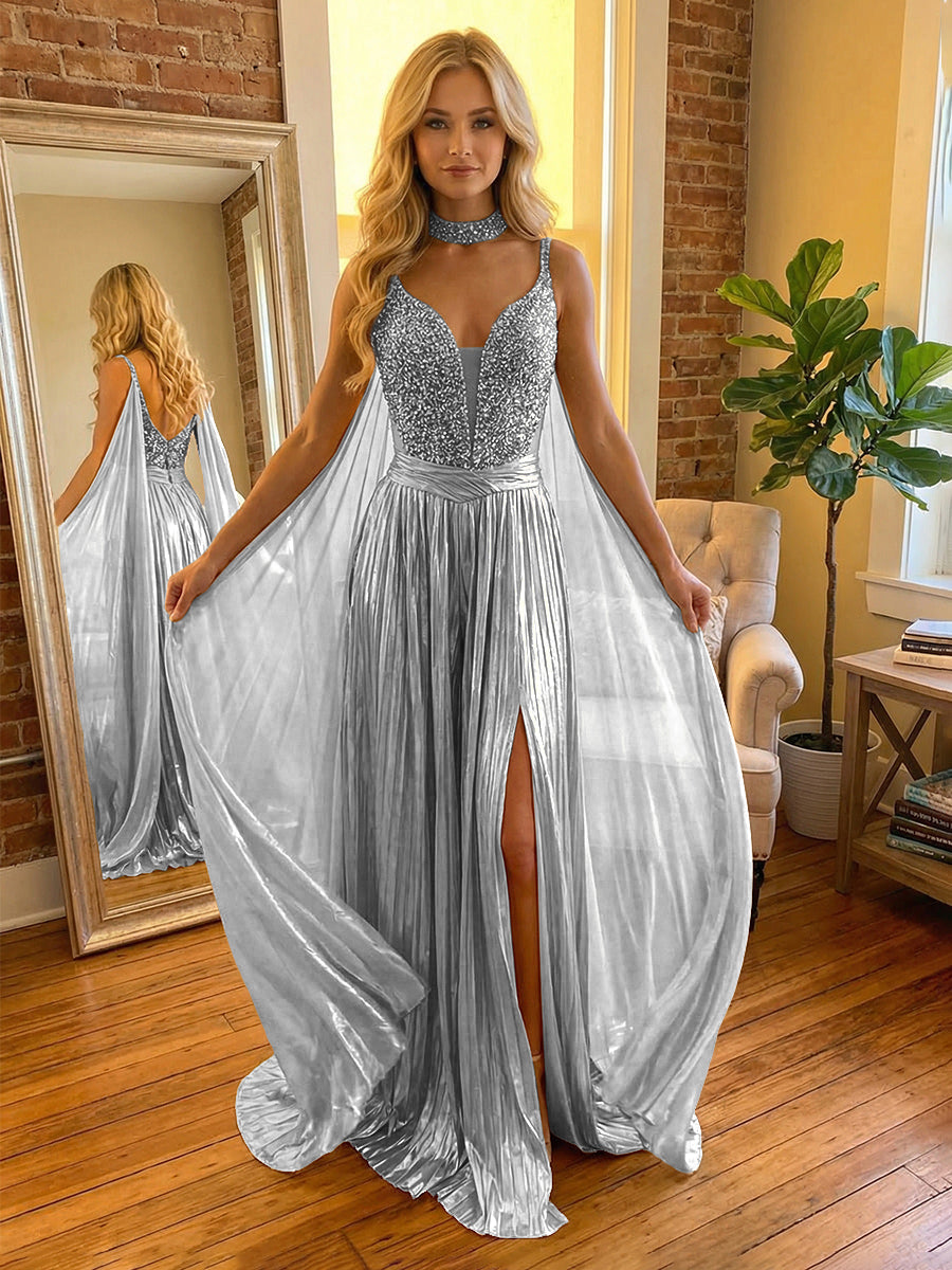 A Line Spaghetti Straps Metallic Long Mixed Formal Evening Dresses with Split Side