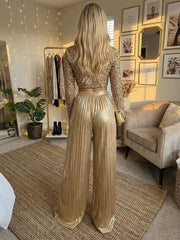 2 Piece Metallic Pantsuits Floor Length Evening Dresses with Sequins